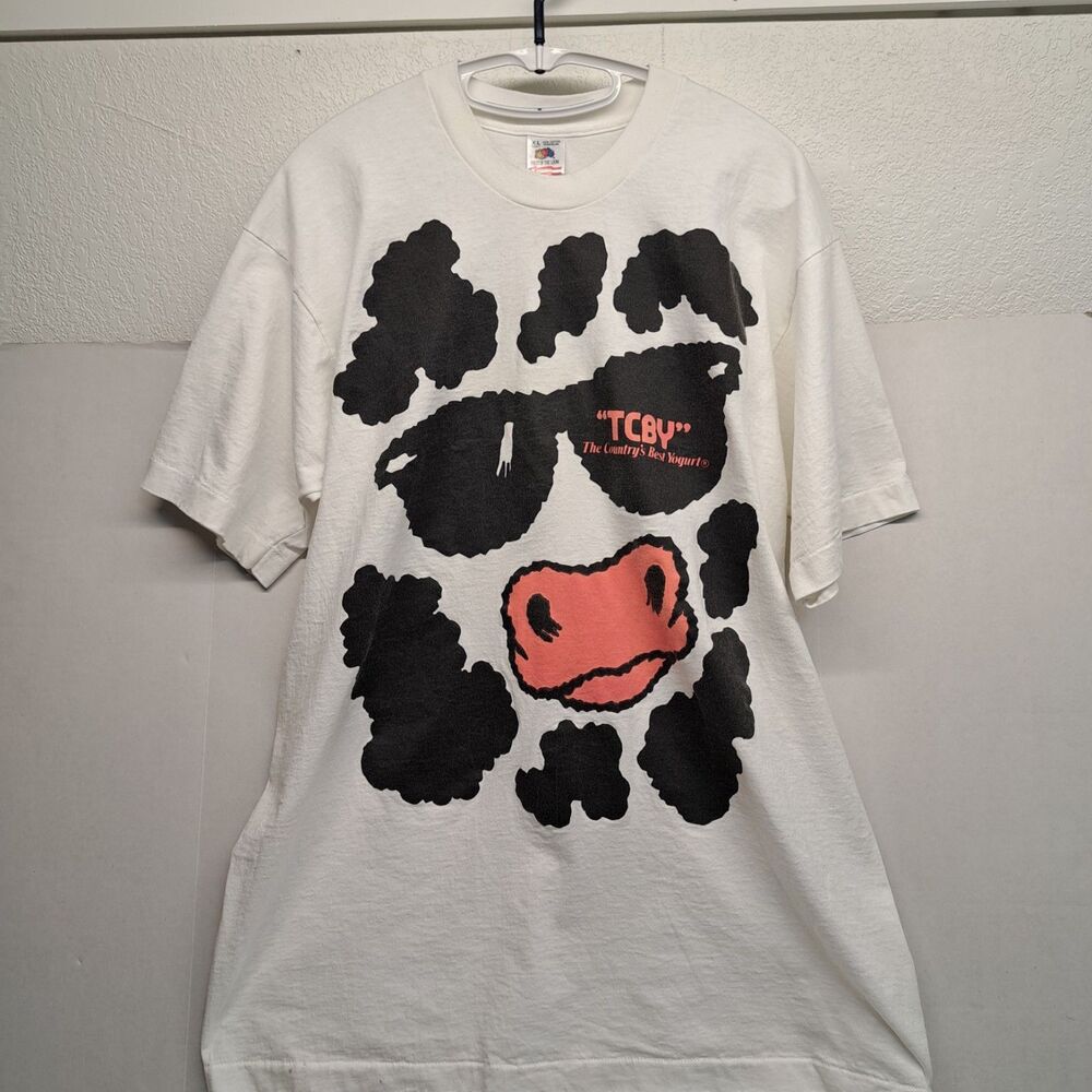 Vintage 90s Cow All Over Print TCBY Moo Malt 100% Cotton Shirt XL